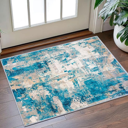 KOZYFLY Small Area Rug 2x3 Rug Entryway Rugs Indoor Non-Slip Modern Abstract Machine Washable Rug, Kitchen Mats for Floor Front Door Rug Low Pile Small Carpet Floor Mats, Turquoise/Beige/Grey/Yellow