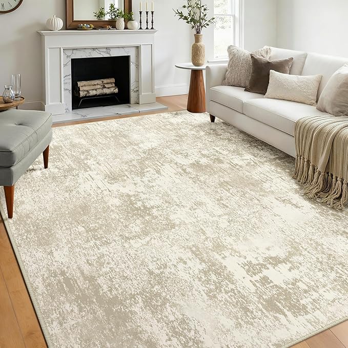 Washable Area Rugs 6'x9' Non-Slip Modern Abstract Soft for Living Room Entryway Bedroom Nursery, Print Pattern, Beige Cream Brown