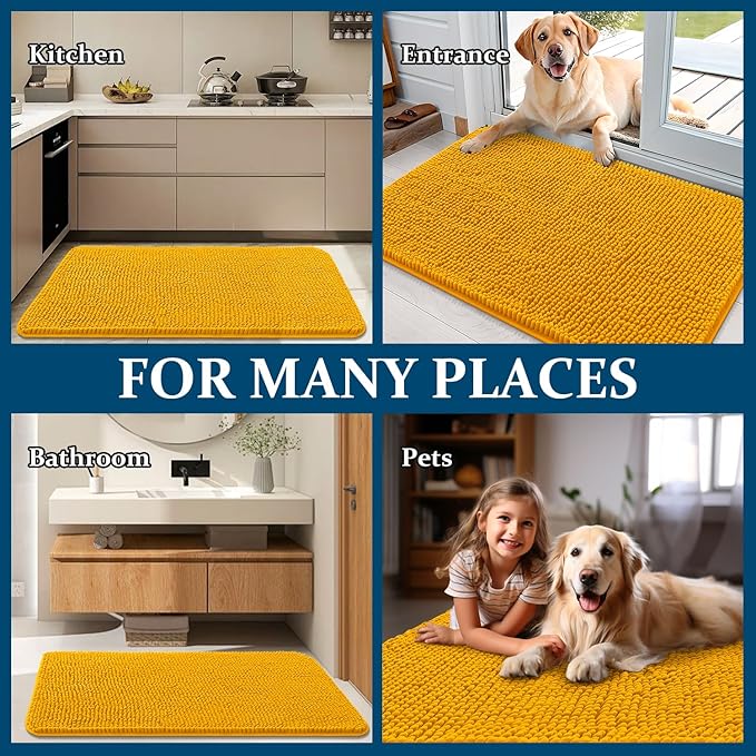 OLANLY Dog Door Mat for Muddy Paws 48x30, Absorbs Moisture and Dirt, Absorbent Non-Slip Washable Doormat, Quick Dry Chenille Mud Mat, Entry Indoor Entryway Carpet for Inside Floor, Golden Yellow
