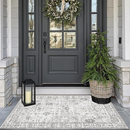 Grey Floral Rug for Entryway, 2x3 Washable Kitchen Mat Ultra-Thin Soft, Non-Slip Indoor Door Carpet Stain Resistant Boho Small Low-Pile Throw for Bathroom Bedroom (2 x 3, Grey)