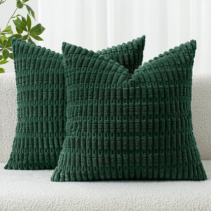MIULEE Pack of 2 Dark Green Corduroy Decorative Pillow Covers 20x20 Inch Soft Boho Striped Throw Pillow Covers Modern Farmhouse Home Decor for Sofa Living Room Couch Bed