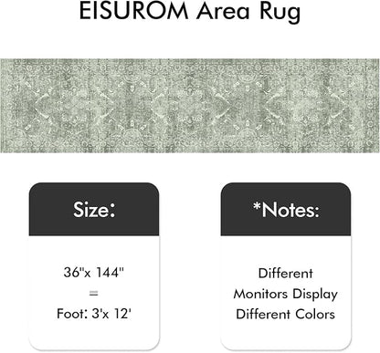 Washable 3x12 Runner Rug - Non-Slip Vintage Runner Rug for Entryway Low-Pile Medallion Long Rugs for Hallway Waterproof Traditional Runner Rugs Indoor Thin Rug for Kitchen (Muted Sage Green)