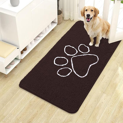 OLANLY Dog Door Mat for Muddy Paws 40x24, Paw Print Design, Absorbs Moisture and Dirt, Absorbent Non-Slip Washable Doormat, Quick Dry Chenille Mud Mat for Dogs, Entry Indoor Entryway Carpet, Brown