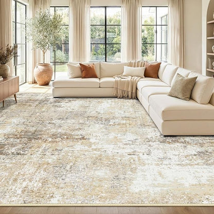 Washable Area Rugs 9'x12' Non-Slip Modern Abstract Soft for Living Room Entryway Bedroom Nursery, Print Pattern, Neutral Brown Gray