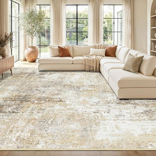Washable Area Rugs 9'x12' Non-Slip Modern Abstract Soft for Living Room Entryway Bedroom Nursery, Print Pattern, Neutral Brown Gray