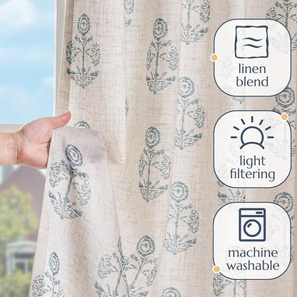 jinchan Linen Floral Curtains for Living Room 84 Inch Length Blue Flower Cottage Core Farmhouse Curtains Rod Pocket Back Tab Boho Semi Sheer Window Drapes Bedroom Set 2 Panels Blue on Beige