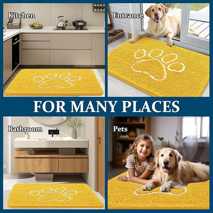 OLANLY Dog Door Mat for Muddy Paws 30x20, Paw Print Design, Absorbs Moisture and Dirt, Absorbent Non-Slip Washable Doormat, Quick Dry Chenille Mud Mat for Dogs, Entry Indoor Entryway Carpet, Yellow