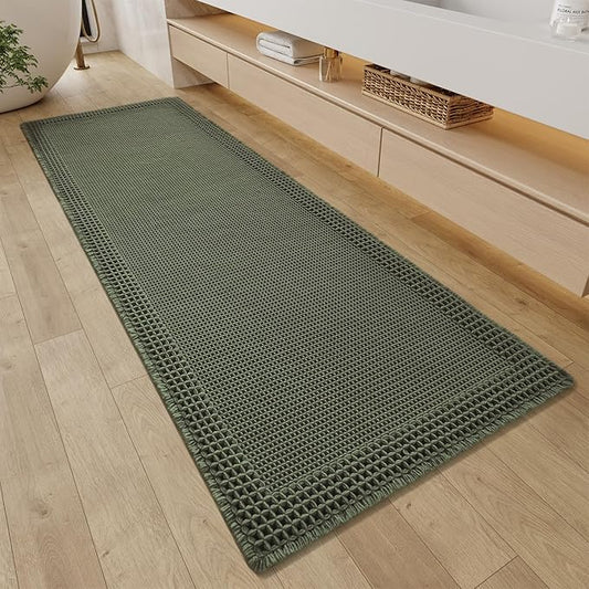 RESARE Christmas Waffle Bathroom Runner Rugs, Super Absorbent Bath Mat Non Slip Washable Quick Dry, Upgraded Ultra Soft Boho Bath Rugs with Tassels for Bedroom Laundry Room, 2'x6'(24"x72"), Green