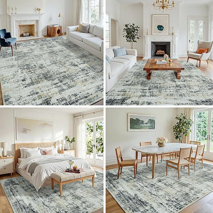 8x10 Area Rugs for Living Room Washable Rug: Anti-Skid Abstract Modern Living Room Rug Soft Thin Carpets Indoor Floor Non-Shedding Carpet for Bedroom Dining Farmhouse Nursery Black Gray Gold