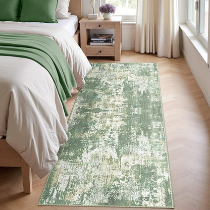 Washable Area Rugs 2'x10' Non-Slip Modern Abstract Soft for Living Room Entryway Bedroom Nursery, Print Pattern, Light Green/Yellow
