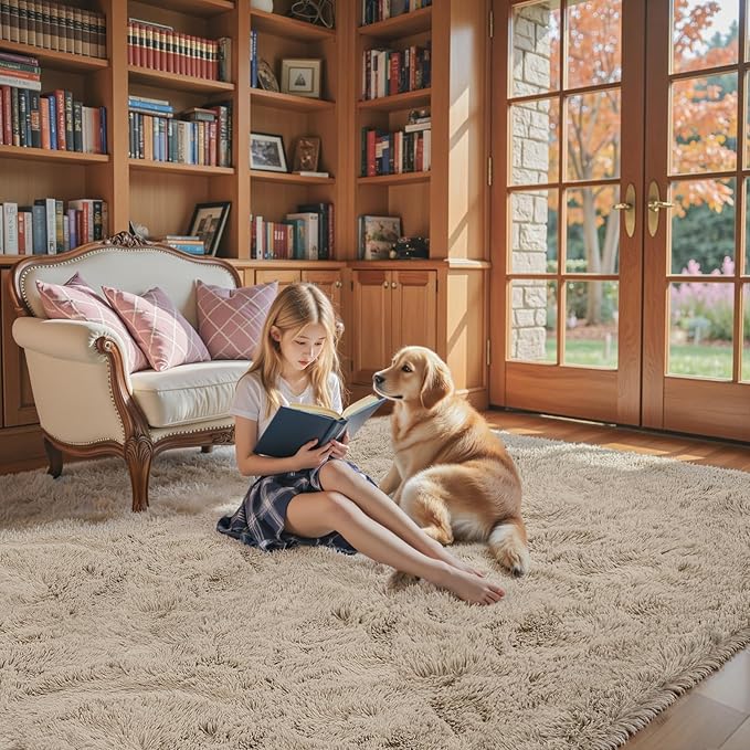 Area Rugs 9x12 Living Room, Shaggy Carpet Soft Plush Furry Bedside Rug Large Area Rugs for Bedroom Kids Girls Boys Home Decor Anti Slip(9 x 12, Beige)