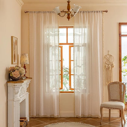 MYSKY HOME Natural Boho Sheer Curtains with Macrame 63 Inches Length for Short Window Treatment, Back Tab Design Light Filtering Privacy Drapes Farmhouse Home Decor，50" W×63" L, Natural，2 Panels