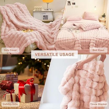 HANDONTIME Faux Fur Plush Sofa Covers for Couch Washable Rabbit Plush Couch Cover Cozy Faux Fur Sectional Covers for Dogs Fluffy Plush L Shaped Sofa Cover Pet Couch Protector, 71" X134", Pink