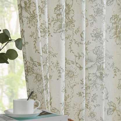 jinchan Linen Blend Floral Curtains for Living Room 84 Inch Length Farmhouse Printed Curtain Rod Pocket Back Tab Sage Green Peony Flower Patterned Drapes Bedroom Curtains Set 2 Panels
