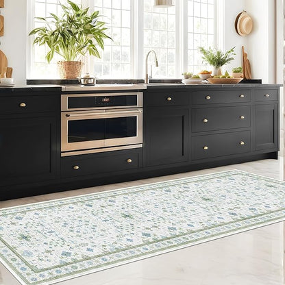 Hazo Haus Oushak 3x20 Wide Hallway Runner Rug - Vintage Turkish Floral, Washable Low Pile Non Slip 20ft Extra Long Runners for Large Kitchen, Hall Way - Blue and Green Décor