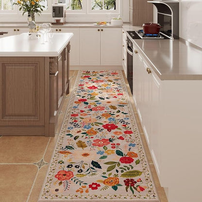 Rugcomf Long Hallway Runner Rug 2'7"x14' - Floral Washable Non Slip Boho Carpet for Kitchen, Entryway, Hall, Bathroom - Beige