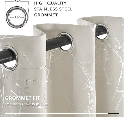 Deconovo Short Kitchen Curtains, Room Darkening Curtain Beige, Thermal Insulated Soundproof Drapes, Silver Branch Print, 42 x 54 Inch, Machine Washable Window Panels for Living Room Office, Set of 2
