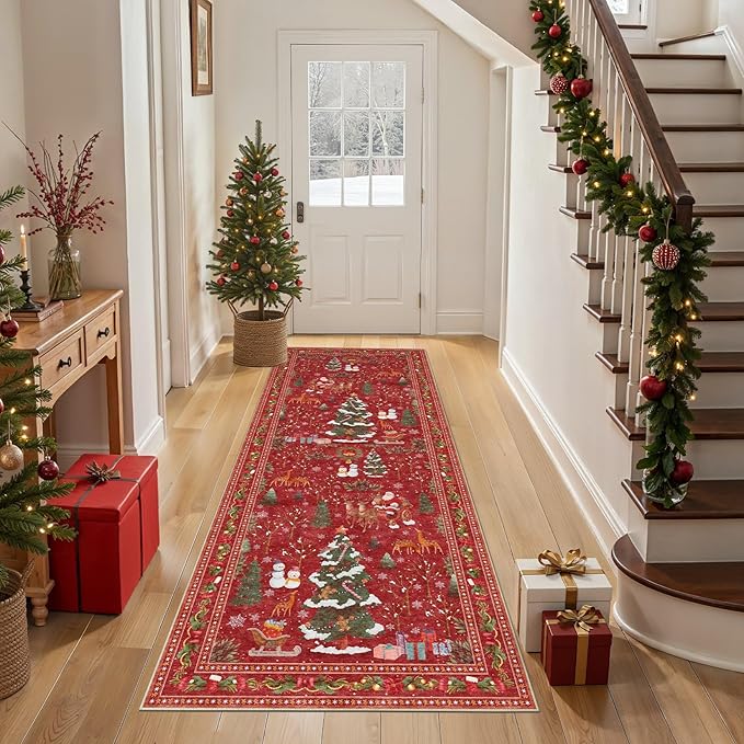 UERMEI Christmas Runner Rug for Hallway: 3x8 Neutral Modern Festive Low Pile Soft Thin Indoor Carpet for Bedroom Kitchen Mat Kids Room Holiday Decor - Red