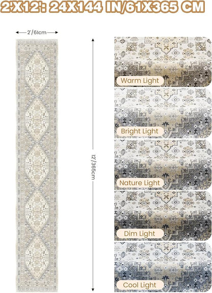 Hallway Runner Rug 2x12, Extra Long Washable Runner Rugs with Rubber Backing, Non Slip Runner, Vintage Rug Runners for Kitchen Laundry Room Entryway (Beige,2'x12')