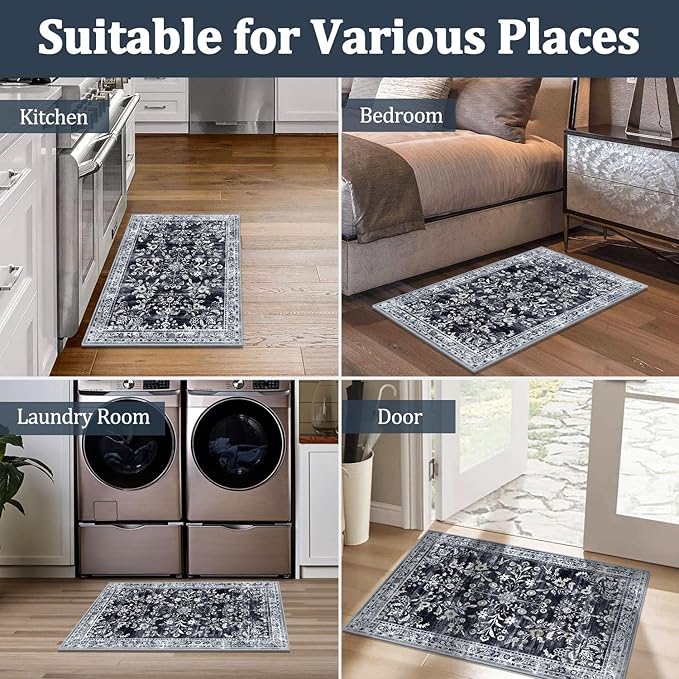 Yamaziot Washable Runner Rug 2x3 – Non Slip Small Entryway Rug Boho Floral Rug with Rubber Backing, Low Pile Faux Wool Distressed Carpet for Indoor Door Mat, Kitchen, Laundry Entrance, Navy/Black