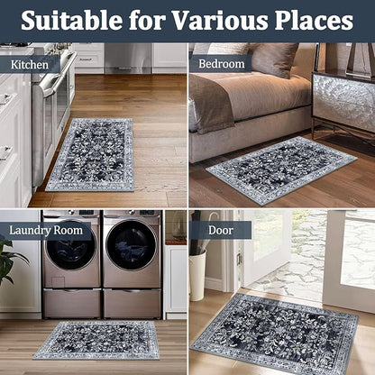 Yamaziot Washable Runner Rug 2x3 – Non Slip Small Entryway Rug Boho Floral Rug with Rubber Backing, Low Pile Faux Wool Distressed Carpet for Indoor Door Mat, Kitchen, Laundry Entrance, Navy/Black