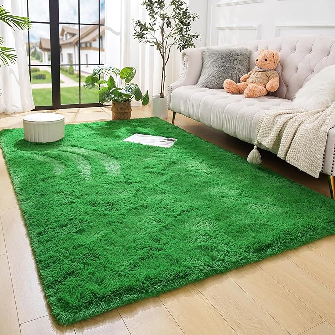 Amearea Premium Soft Fluffy Rug Modern Shag Carpet, Fuzzy Shaggy Rugs for Bedroom Living Room Teen Apartment Decor, Comfortable Indoor Furry Dorm Carpets, Green 5x7.5 Feet