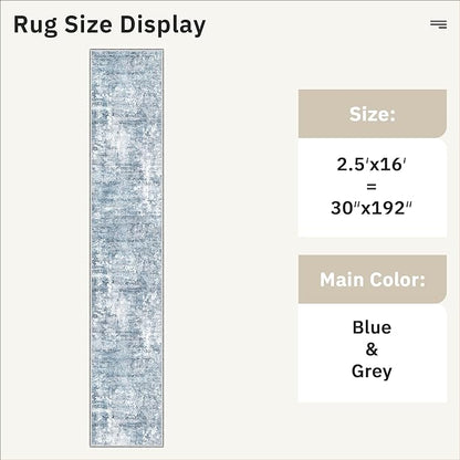 Runner Rug 2'6" x 16' Washable Non-Slip 2.5x16 ft Long Runner Rugs for Kitchen Bathroom Laundry Room Vintage Ultra Thin Runners for Hallway Entryway Blue/Grey