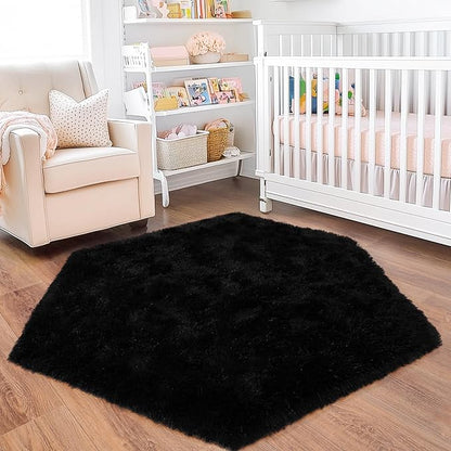 4x4.6 Feet Black Hexagon Rugs for Bedroom, Ultra Soft Fluffy Hexagon Area Rug for Kids Room, Cute Shag Rugs for Boys Girls Room, Fuzzy Plush Carpet for Tent Castle Home Decor