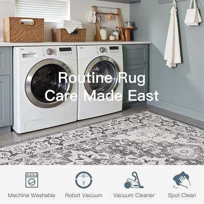Lofus 8x10 Area Rugs for Living Room, Washable Area Rug, Rugs for Bedroom, Kitchen, Vintage Boho Carpet, Soft Non-Slip, Low Pile Large Area Rug for Office Dining Room, Floral Grey