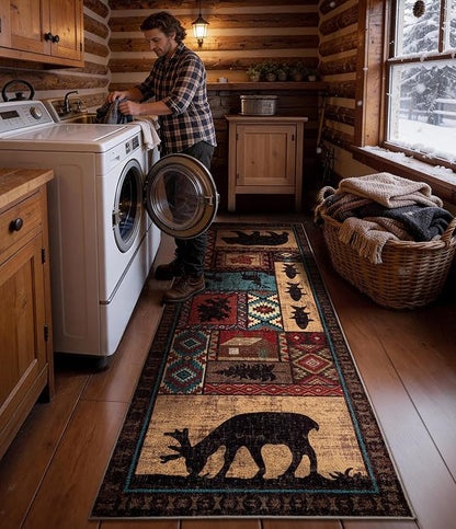 Rustic Cabin Hallway Runner Rug 2'8"x8' - Bear Washable Rug, Non-Slip Low Pile Soft Farmhouse Carpet, Southwestern Wildlife Print Floor Runner Rugs for Kitchen, Entryway, Laundry, Bedroom