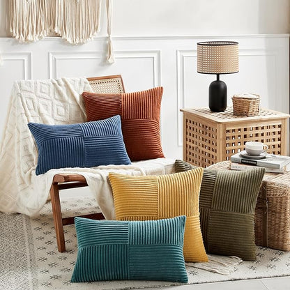 Fancy Homi 2 Packs Olive Green Lumbar Decorative Throw Pillow Covers 16x32 Inch for Living Room Couch Bed, Farmhouse Boho Home Decor, Soft Striped Corduroy Rectangle Accent Cushion Case 40x80 cm