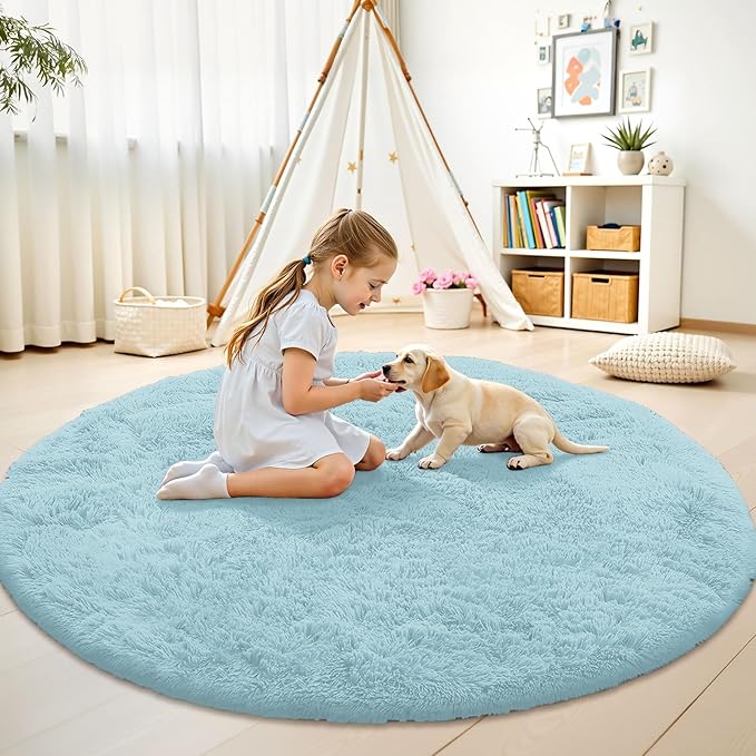 OLANLY Light Blue Round Rugs for Bedroom - Machine Washable, 7 ft Circle Area Rugs for Living Room, Soft and Fluffy Shaggy Carpet for Teen Girl and Boys, Nursery Rooms, Dorms, Home Decor Aesthetic