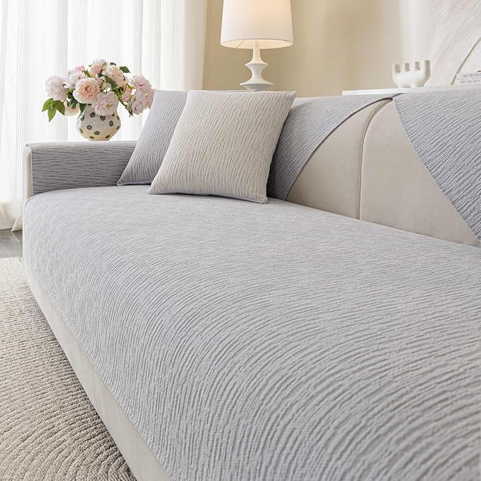 Soft Waterproof Chenille Cover Washable, Non Slip Sectional Sofa Covers for 3 Cushion Couch Sofa L Sharped Sofa Slipcover for Pets, Furniture Protector (1 PCS 36"x70" Light Grey)