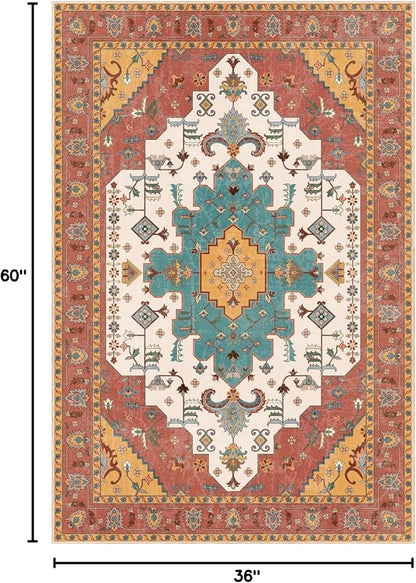 SERISSA Area Rug 3x5 Boho Orange Rugs for Bedroom, Washable Kitchen Rugs Non-Slip, Ultra Soft Print Distressed Vintage Entry Rug Low-Pile Throw Rug Carpet for Nursery Living Room Dorm Decor