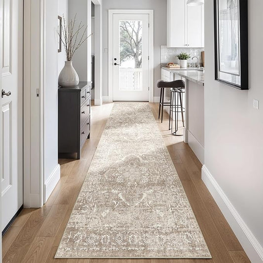 2'6"x12' Washable Hallway Runner Rug - Non Slip Kitchen Runner Rugs with Rubber Backing Vintage Low-Pile Carpet Runners for Entryway Dining Room Laundry Room Home Decor (Beige)