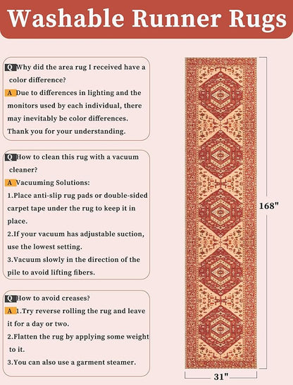 SERISSA Runner Rug for Hallways, 2'6"x14' Washable Non Slip Kitchen Runner Rug, Extra Long Boho Rug Ultra Soft Vintage Red Print Floor Carpet for Bedroom Hallway Entryway Bathroom Laundry Room