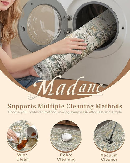 Madane Washable Runner Rug - 2x6 Rug Runners for Hallways 6 Feet Non Slip Vintage Kitchen Runner Rug Ultra-Thin Bathroom Runner Rugs Carpet Laundry Room Bedroom (2x6ft, Green/Gold)