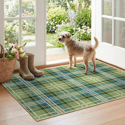 Buffalo Outdoor Rug - 28" x 43" Front Door Mat Indoor Outside Entrance Non-Slip Washable Outdoor Mat Green Teal Plaid Tartan Rug for Entryway Kitchen Bedroom Layered Doormat for Front Porch
