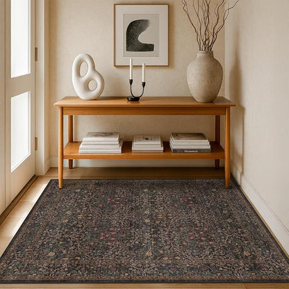 Washable Dark Brown 4x6 Area Rugs for Living Room, Bedroom Bedside Rug, Kitchen, Mudroom, Home Office, Non-Slip Low Pile Ultra Soft Stain Resistant, Small Vintage Taupe Accent Botanical Floral Carpet