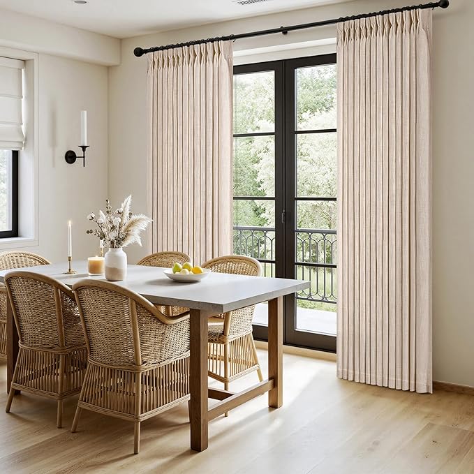 MIULEE Pinch Pleated Thick Linen Curtains 84 Inches Long 2 Panels for Living Room Bedroom, Linen Textured Memory Trained Drapes Pleat Back Tab Light Filtering Sand Beige Window Curtains with Hooks