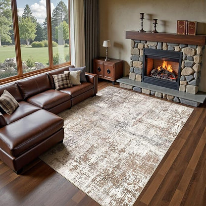 UERMEI Area Rug Living Room Rugs - Washable Neutral Modern Abstract Soft Thin Rug Indoor Floor No Slip Rug Carpet for Bedroom Under Dining Table Home Office Decor - Brown/Grey/Red - 8x10