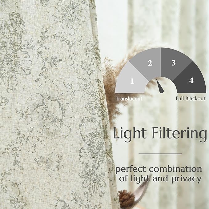 jinchan Linen Blend Floral Curtains for Living Room 90 Inches Extra Long Farmhouse Printed Curtain Back Tab Green Peony Flower Patterned Drapes Bedroom Window Curtains Set 2 Panels