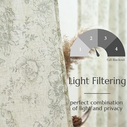 jinchan Linen Blend Floral Curtains for Living Room 90 Inches Extra Long Farmhouse Printed Curtain Back Tab Green Peony Flower Patterned Drapes Bedroom Window Curtains Set 2 Panels