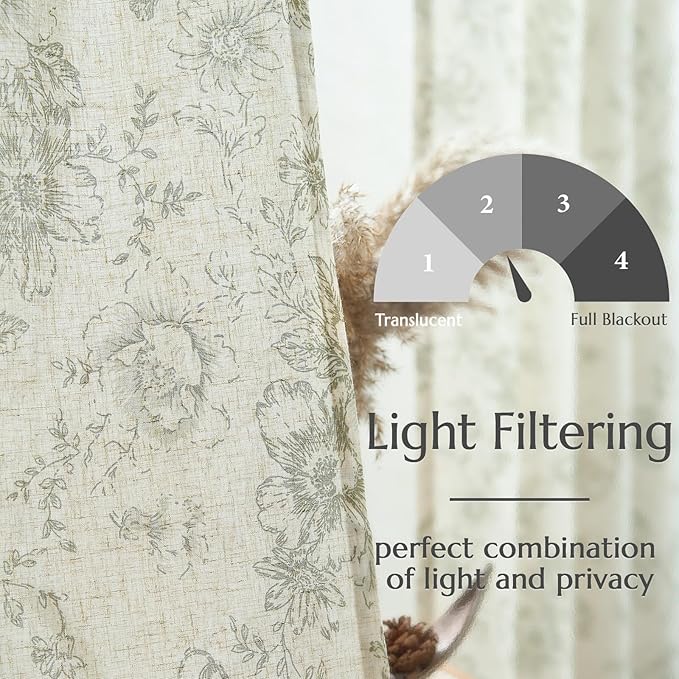 jinchan Linen Blend Floral Curtains for Living Room 63 Inches Extra Long Farmhouse Printed Curtain Back Tab Green Peony Flower Patterned Drapes Bedroom Window Curtains Set 2 Panels