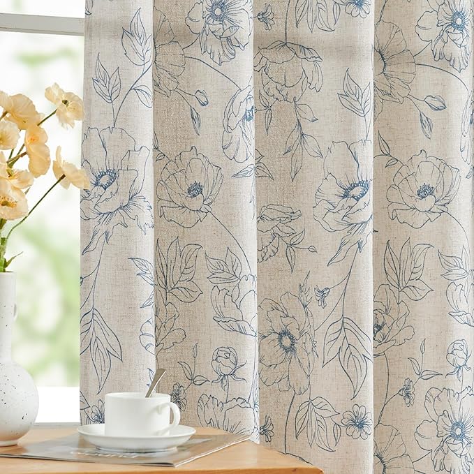 jinchan Floral Linen Curtains for Living Room 63 Inch Length Blue Flower Curtain Rod Pocket Back Tab Farmhouse Curtains with Printed Floral Bedroom Window Curtain Set, 2 Panels Blue