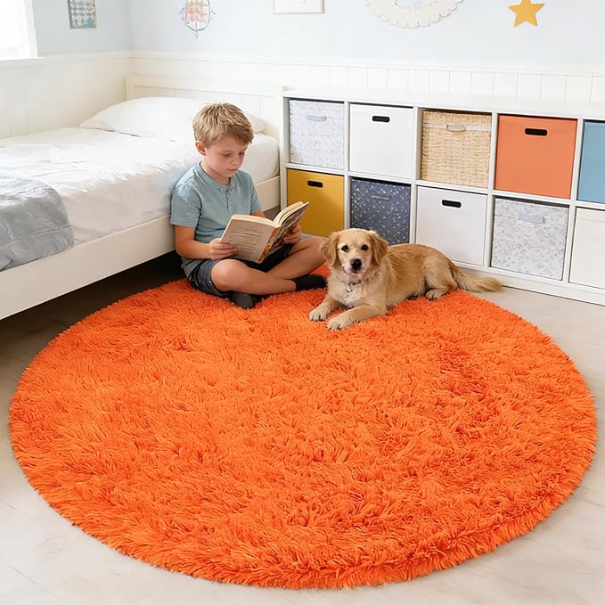 Orange Fluffy Round Rug,Soft Area Rugs for Girls Room,Shaggy Rugs 6'X6' for Living Room,Non Slip Circle Rug for Kids Bedroom,Shag Plush Nursery Carpets,Fuzzy Plush Rug for Dorm,Cute Room Decor Carpet