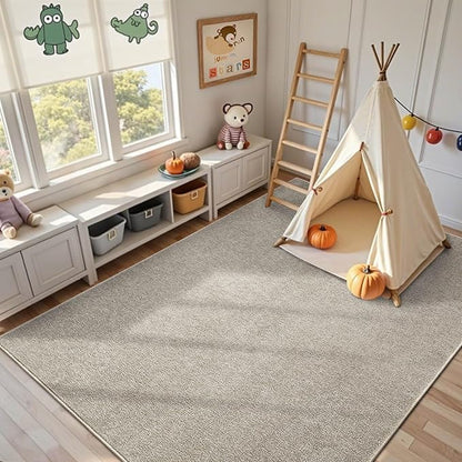 FinRèc 8x10 Washable Area Rugs for Bedroom Living Room, Low Pile Thin Rug Solid Color, Non-Slip Carpet Indoor for Home Decor (Light Tan)