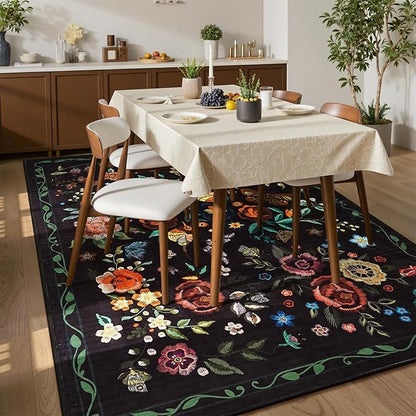 Rugflix 5x7 Washable Area Rug for Living Room, Soft Non Slip Low Pile Carpet, Floral Vintage Stain Resistant Rugs for Bedroom, Dining Room, Home Office, Black