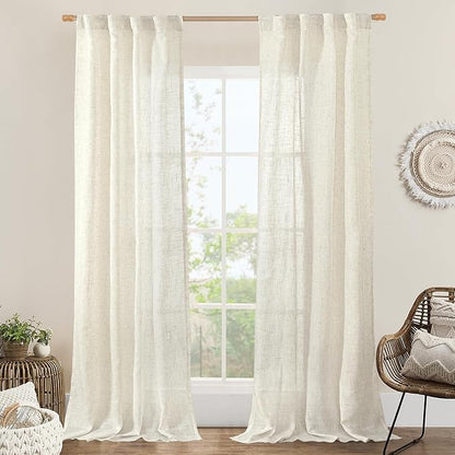 LAMIT 38 Inch Width Semi Sheer Linen Curtains 2 Panels, Cream Ivory Light Filtering Panels Back Tab and Rod Pocket Boho Neutral Drapes for Living Room/Bedroom/Farmhouse, 38 x 84 Inch