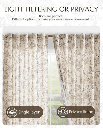 jinchan Lined Linen Floral Curtains for Living Room, 84 Inch Length Printed Flower Farmhouse Patterned French Country Back Tab Taupe Window Drapes Set Privacy Bedroom Curtains, 2 Panels